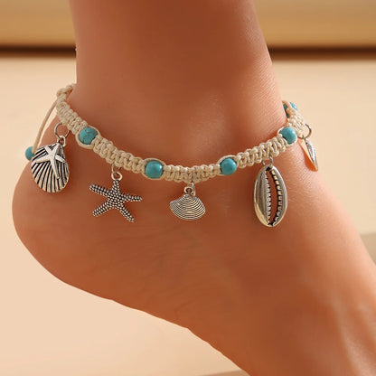 Tobilleros de playa de verano con estrellas de mar y conchas bohemias para mujer, pulsera de tobillo de tortuga en la pierna para niñas, joyería artesanal de cadena descalza