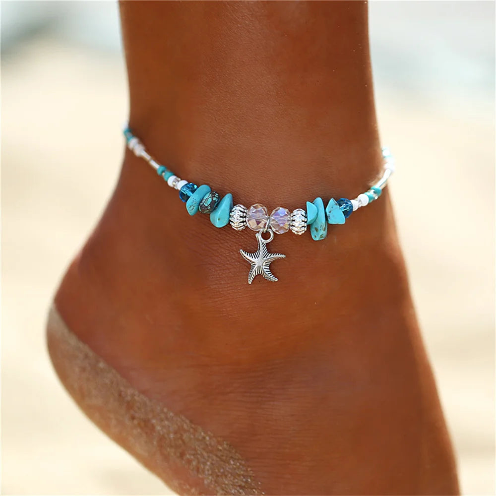 Tobilleros de playa de verano con estrellas de mar y conchas bohemias para mujer, pulsera de tobillo de tortuga en la pierna para niñas, joyería artesanal de cadena descalza