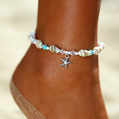 Tobilleros de playa de verano con estrellas de mar y conchas bohemias para mujer, pulsera de tobillo de tortuga en la pierna para niñas, joyería artesanal de cadena descalza