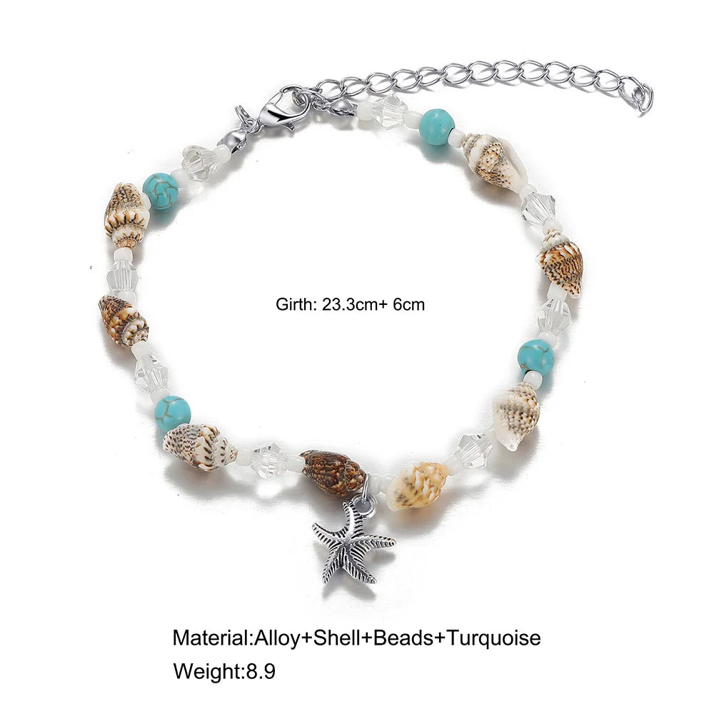 Tobilleros de playa de verano con estrellas de mar y conchas bohemias para mujer, pulsera de tobillo de tortuga en la pierna para niñas, joyería artesanal de cadena descalza