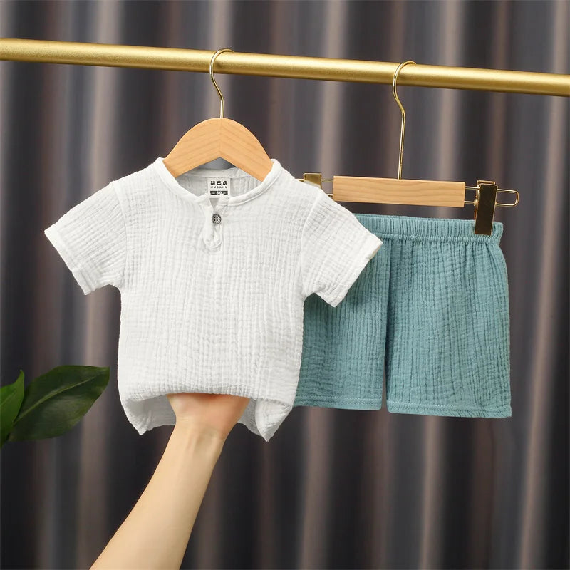 Boy Clothing Set Summer Girl Clothes Sets Solid Cotton Linen T-shirts+Shorts 0-5Year Baby Clothes Linen Clothing Sets For Boy Leedoar