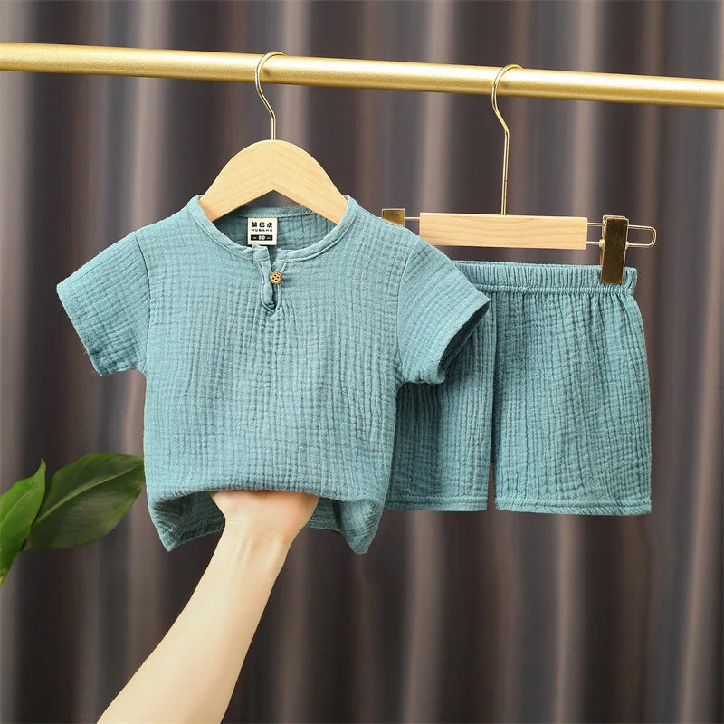 Boy Clothing Set Summer Girl Clothes Sets Solid Cotton Linen T-shirts+Shorts 0-5Year Baby Clothes Linen Clothing Sets For Boy Leedoar