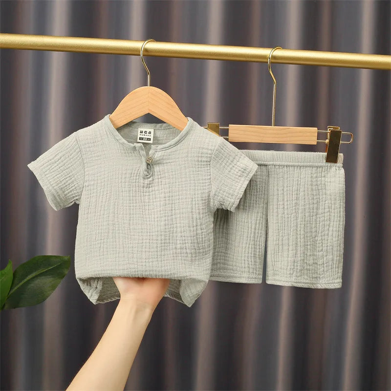 Boy Clothing Set Summer Girl Clothes Sets Solid Cotton Linen T-shirts+Shorts 0-5Year Baby Clothes Linen Clothing Sets For Boy Leedoar