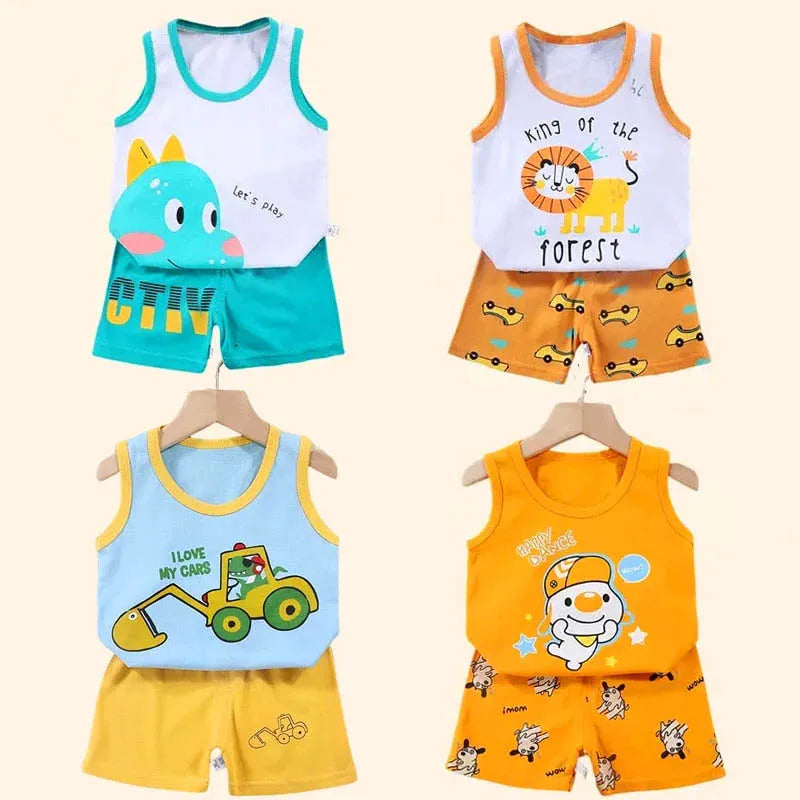 Boys Vest Set Summer Cotton New Clothes Children's Sleeveless Cartoon Wool Comfort Set Class A Thin Two-piece Set for 6-9months Leedoar