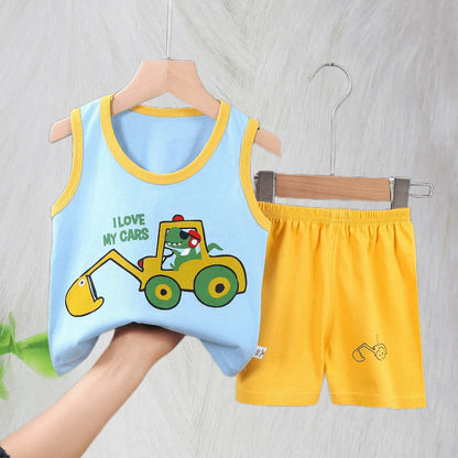 Boys Vest Set Summer Cotton New Clothes Children's Sleeveless Cartoon Wool Comfort Set Class A Thin Two-piece Set for 6-9months Leedoar