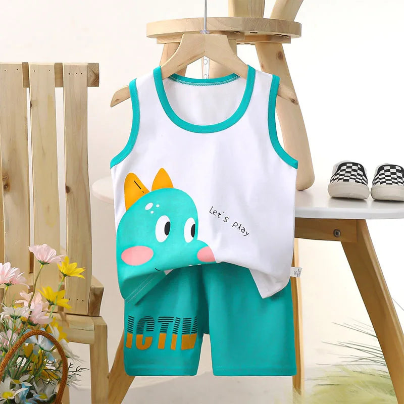 Boys Vest Set Summer Cotton New Clothes Children's Sleeveless Cartoon Wool Comfort Set Class A Thin Two-piece Set for 6-9months Leedoar