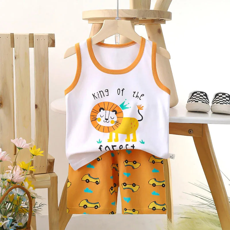 Boys Vest Set Summer Cotton New Clothes Children's Sleeveless Cartoon Wool Comfort Set Class A Thin Two-piece Set for 6-9months Leedoar