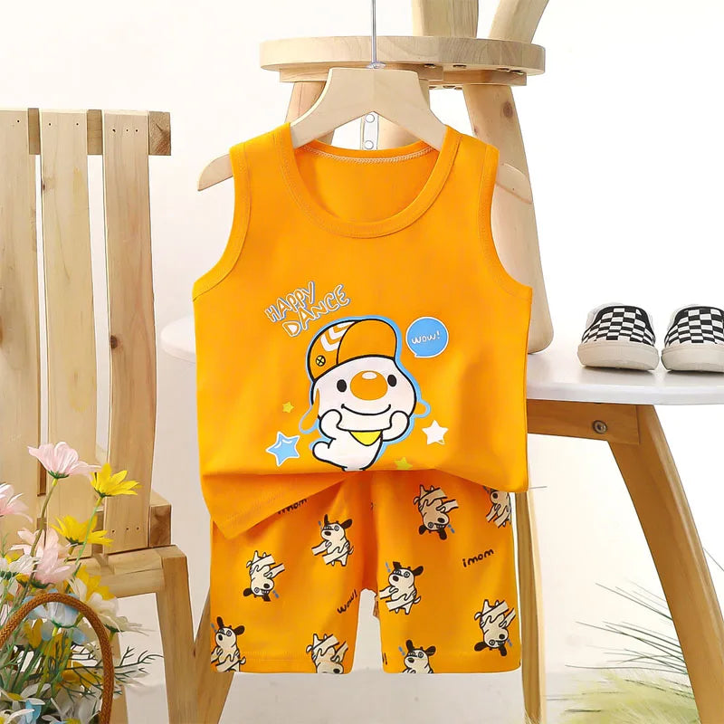 Boys Vest Set Summer Cotton New Clothes Children's Sleeveless Cartoon Wool Comfort Set Class A Thin Two-piece Set for 6-9months Leedoar