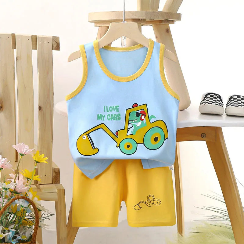 Boys Vest Set Summer Cotton New Clothes Children's Sleeveless Cartoon Wool Comfort Set Class A Thin Two-piece Set for 6-9months Leedoar