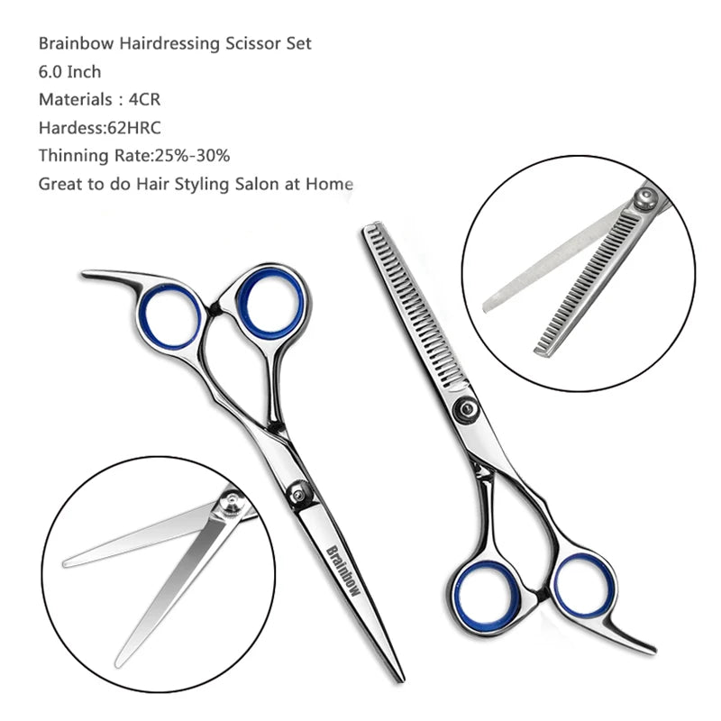 Brainbow 6 inch Cutting Thinning  Styling Tool Hair Scissors Stainless Steel Salon Hairdressing Shears Regular Flat Teeth Blades Leedoar