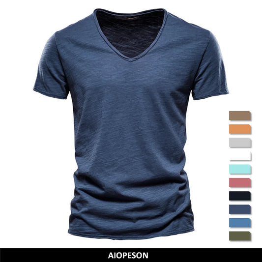 Marca de qualidade 100% algodão camiseta masculina decote em V design de moda ajuste fino camisetas sólidas tops masculinos camisetas manga curta camiseta para homens 