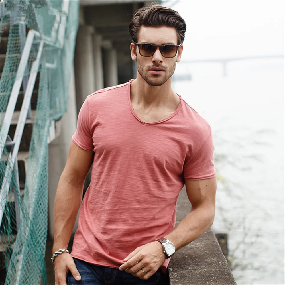 Brand Quality 100% Cotton Men T-shirt V-neck Fashion Design Slim Fit Soild T-shirts Male Tops Tees Short Sleeve T Shirt For Men Leedoar