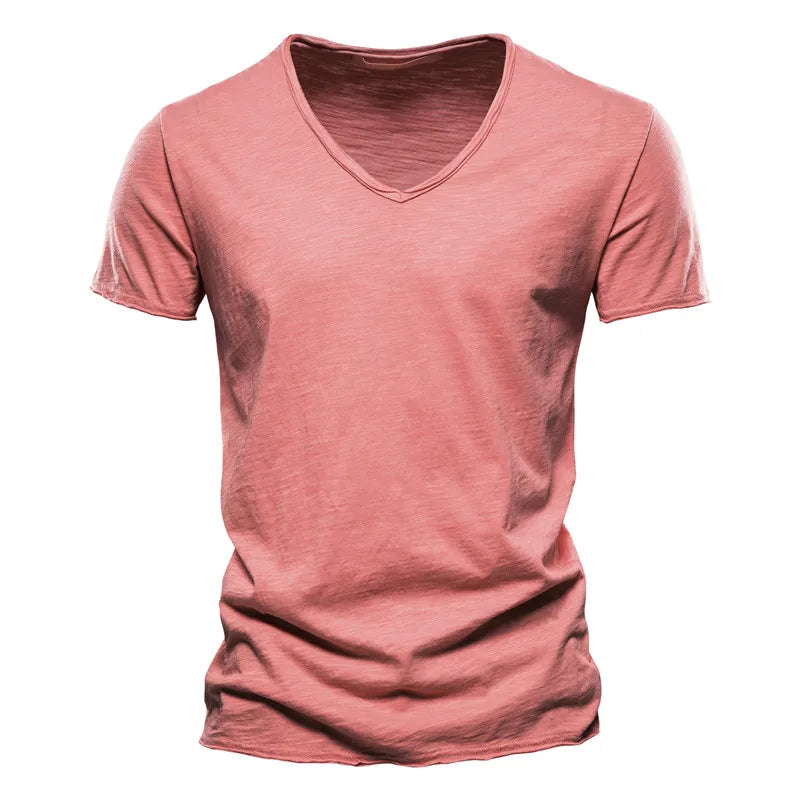 Brand Quality 100% Cotton Men T-shirt V-neck Fashion Design Slim Fit Soild T-shirts Male Tops Tees Short Sleeve T Shirt For Men Leedoar