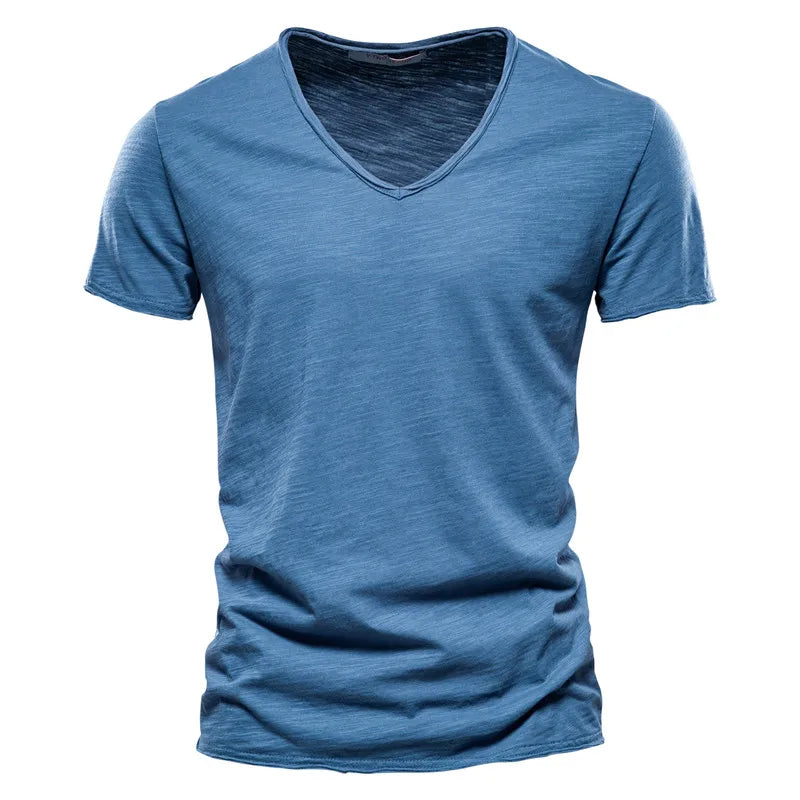 Brand Quality 100% Cotton Men T-shirt V-neck Fashion Design Slim Fit Soild T-shirts Male Tops Tees Short Sleeve T Shirt For Men Leedoar