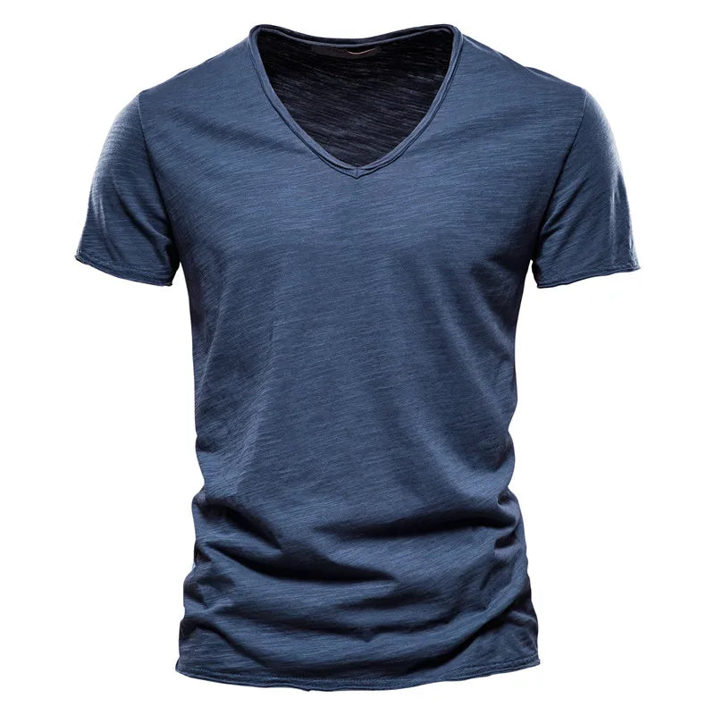 Brand Quality 100% Cotton Men T-shirt V-neck Fashion Design Slim Fit Soild T-shirts Male Tops Tees Short Sleeve T Shirt For Men Leedoar