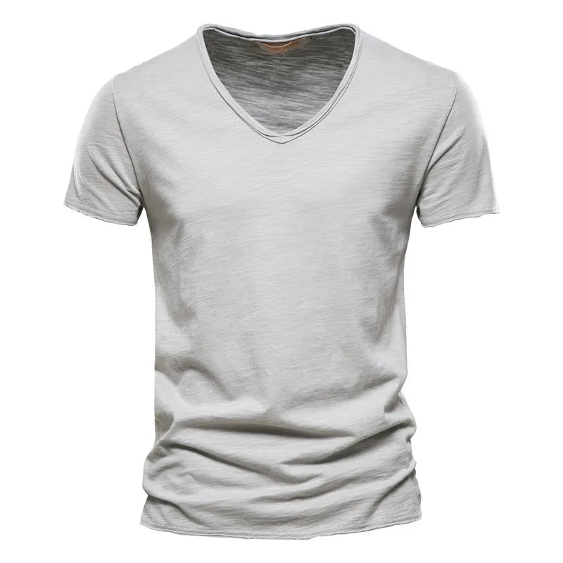 Brand Quality 100% Cotton Men T-shirt V-neck Fashion Design Slim Fit Soild T-shirts Male Tops Tees Short Sleeve T Shirt For Men Leedoar