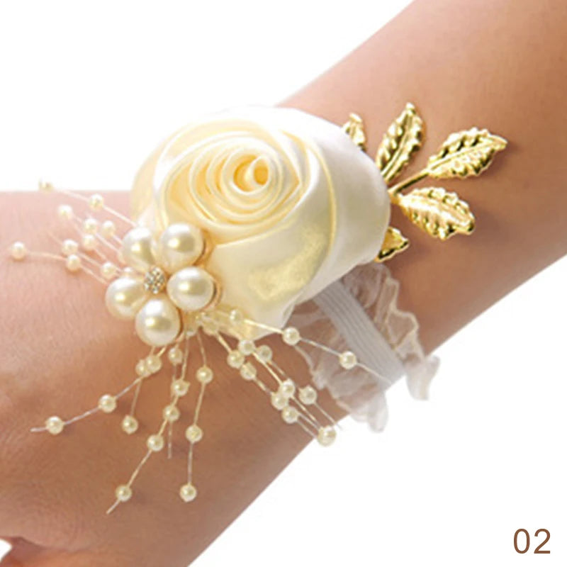 Pulsera de rosas artificiales para dama de honor, ramillete de muñeca para boda, cinta de poliéster, lazo de perlas, regalos de novia, flores de mano, accesorios para fiesta de graduación 