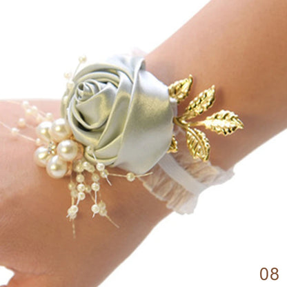 Pulsera de rosas artificiales para dama de honor, ramillete de muñeca para boda, cinta de poliéster, lazo de perlas, regalos de novia, flores de mano, accesorios para fiesta de graduación 