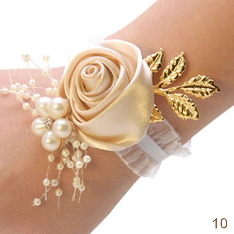 Bridesmaid Faux Rose Bracelet Wedding Wrist Corsage Polyester Ribbon Pearl Bow Bridal Gifts Hand Flowers Party Prom Accessories