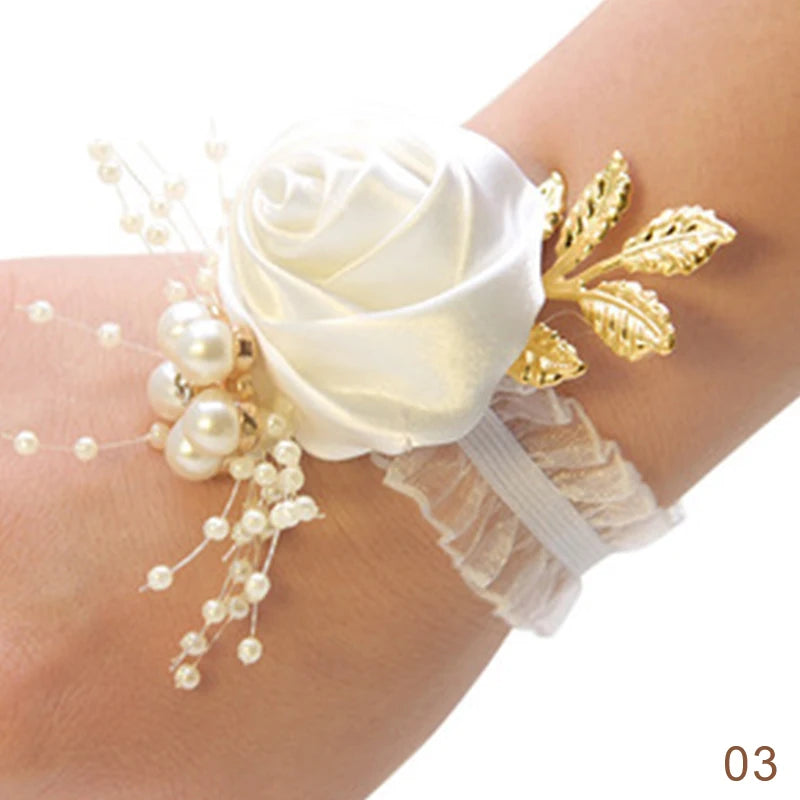 Pulsera de rosas artificiales para dama de honor, ramillete de muñeca para boda, cinta de poliéster, lazo de perlas, regalos de novia, flores de mano, accesorios para fiesta de graduación 