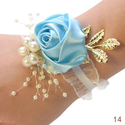 Pulsera de rosas artificiales para dama de honor, ramillete de muñeca para boda, cinta de poliéster, lazo de perlas, regalos de novia, flores de mano, accesorios para fiesta de graduación 