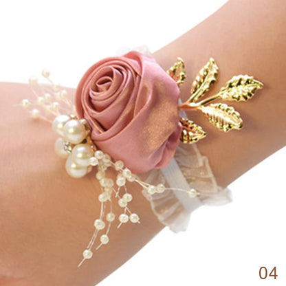 Pulsera de rosas artificiales para dama de honor, ramillete de muñeca para boda, cinta de poliéster, lazo de perlas, regalos de novia, flores de mano, accesorios para fiesta de graduación 