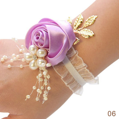 Pulsera de rosas artificiales para dama de honor, ramillete de muñeca para boda, cinta de poliéster, lazo de perlas, regalos de novia, flores de mano, accesorios para fiesta de graduación 