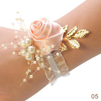 Pulsera de rosas artificiales para dama de honor, ramillete de muñeca para boda, cinta de poliéster, lazo de perlas, regalos de novia, flores de mano, accesorios para fiesta de graduación 