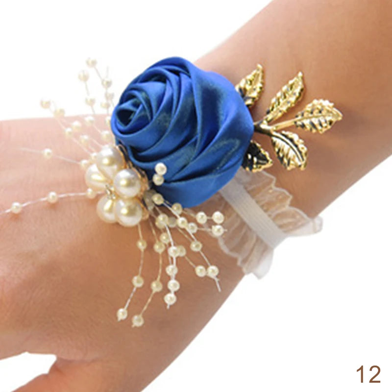 Pulsera de rosas artificiales para dama de honor, ramillete de muñeca para boda, cinta de poliéster, lazo de perlas, regalos de novia, flores de mano, accesorios para fiesta de graduación 