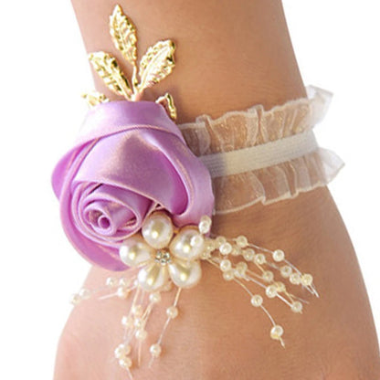 Pulsera de rosas artificiales para dama de honor, ramillete de muñeca para boda, cinta de poliéster, lazo de perlas, regalos de novia, flores de mano, accesorios para fiesta de graduación 