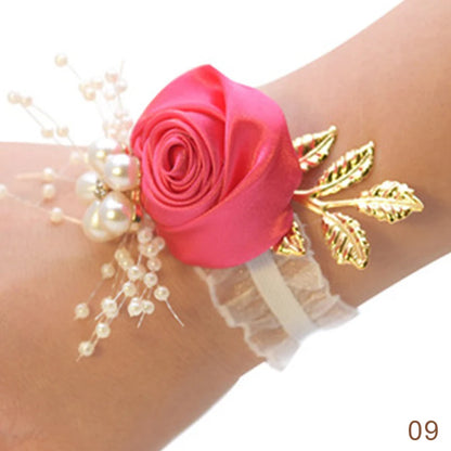 Pulsera de rosas artificiales para dama de honor, ramillete de muñeca para boda, cinta de poliéster, lazo de perlas, regalos de novia, flores de mano, accesorios para fiesta de graduación 