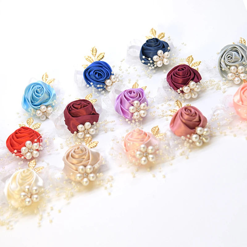 Pulseira de rosas falsas para madrinhas, corpete de pulso de casamento, fita de poliéster, laço de pérola, presentes de noiva, flores de mão, acessórios para festa e baile 