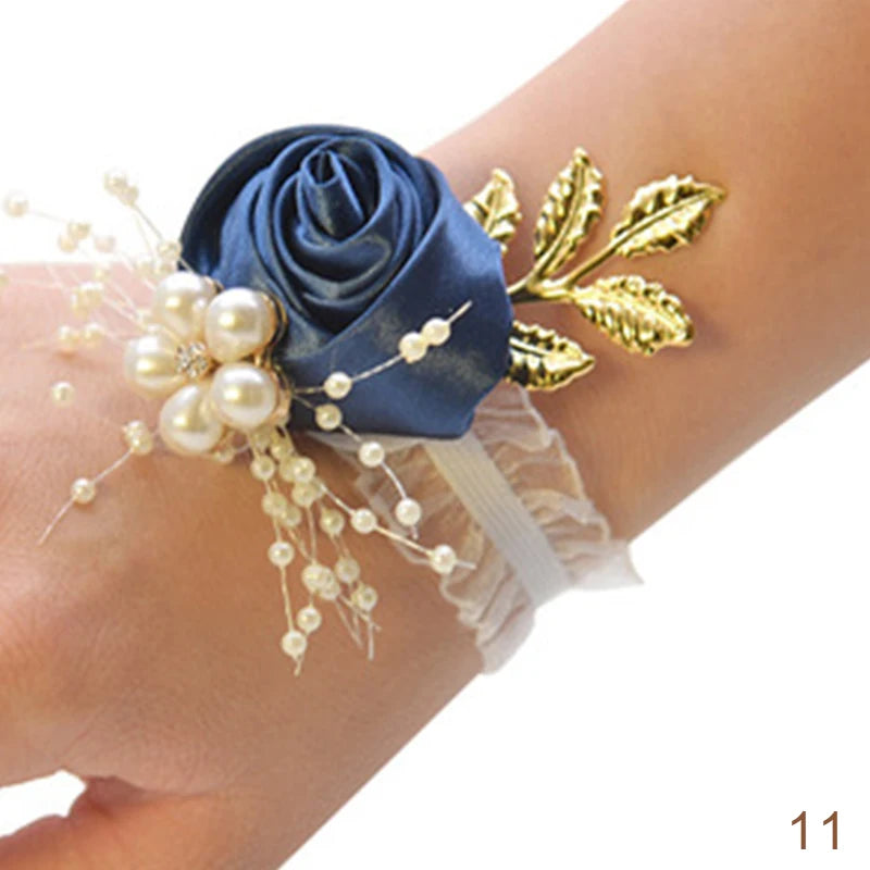 Pulsera de rosas artificiales para dama de honor, ramillete de muñeca para boda, cinta de poliéster, lazo de perlas, regalos de novia, flores de mano, accesorios para fiesta de graduación 