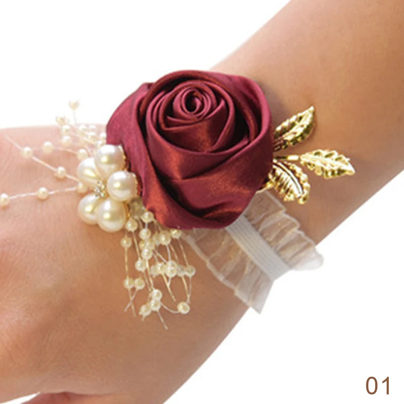 Pulsera de rosas artificiales para dama de honor, ramillete de muñeca para boda, cinta de poliéster, lazo de perlas, regalos de novia, flores de mano, accesorios para fiesta de graduación 