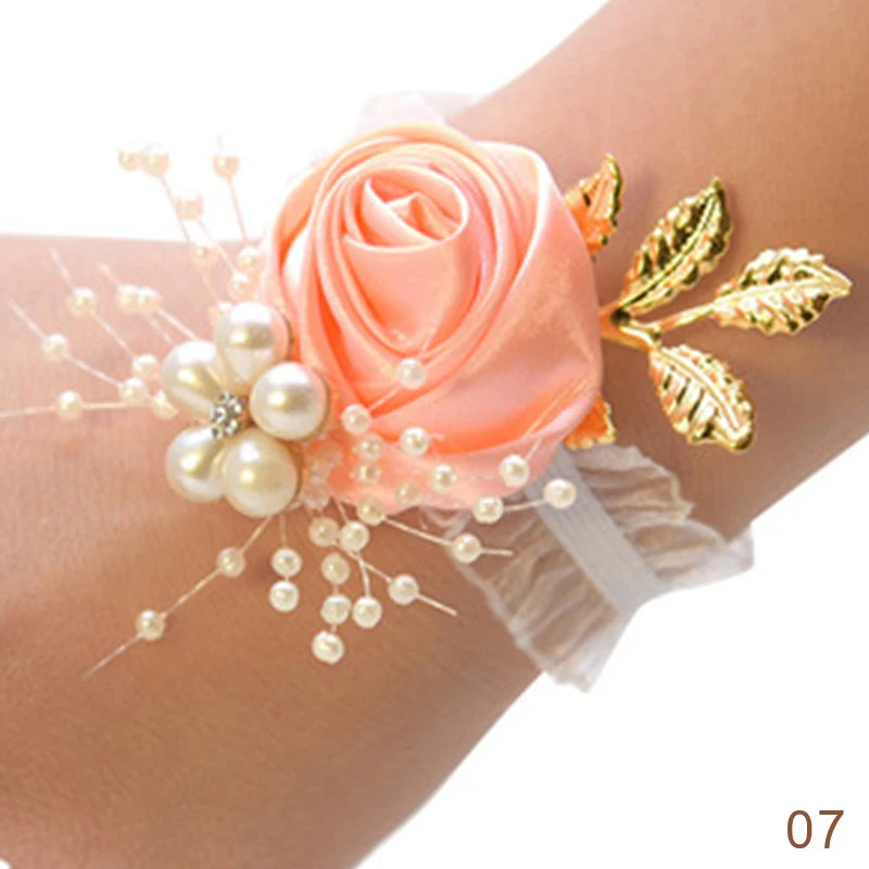 Pulsera de rosas artificiales para dama de honor, ramillete de muñeca para boda, cinta de poliéster, lazo de perlas, regalos de novia, flores de mano, accesorios para fiesta de graduación 