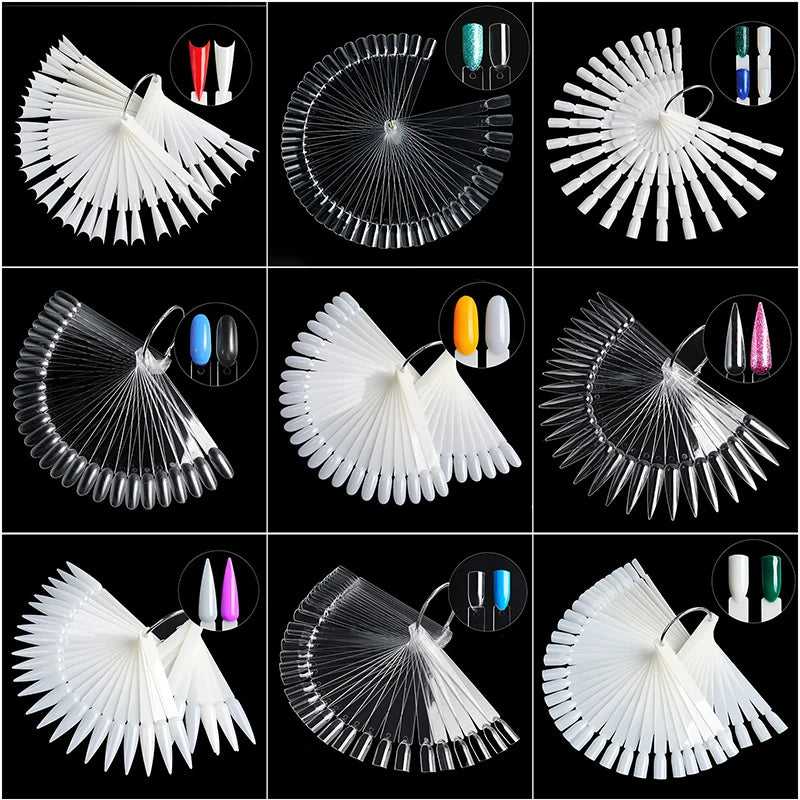 CHUNSHU 50PCS False Nails Tip Gel Nail Polish Color Chart Display Nature Clear Black Fan Shape Fake Nails Art Tool For Practice Leedoar