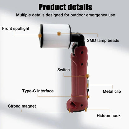 COB Work Light 180° Folding Flashlight USB Rechargeable Portable Camping Emergency Repair Spotlight With Hanging Hook Magnetic