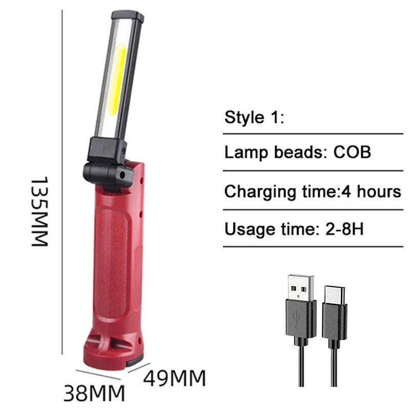 COB Work Light 180° Folding Flashlight USB Rechargeable Portable Camping Emergency Repair Spotlight With Hanging Hook Magnetic