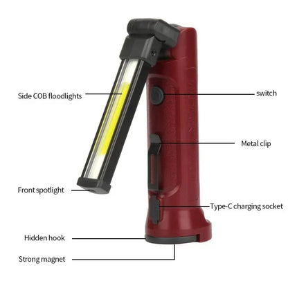 COB Work Light 180° Folding Flashlight USB Rechargeable Portable Camping Emergency Repair Spotlight With Hanging Hook Magnetic