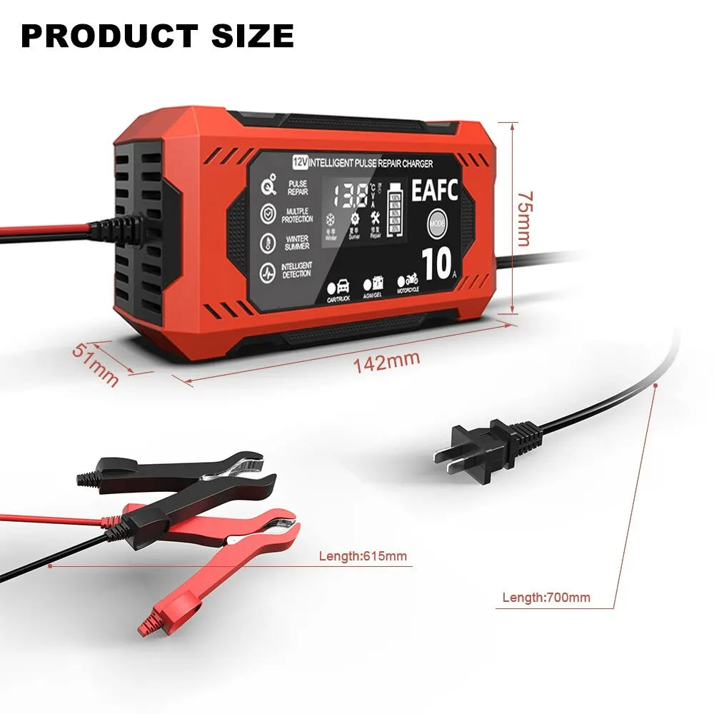 Cargador de batería para coche, 12 V, 8 A, 10 A, pantalla táctil, reparación de pulsos, pantalla LCD digital, cargador rápido inteligente para coche y motocicleta 