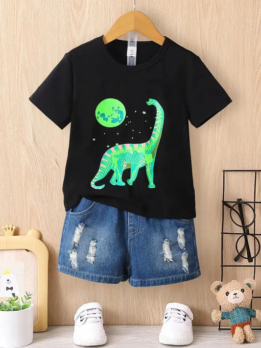 Cartoon Dinosaur And Planet Print, Boy's Round Neck Casual Short Sleeve T-shirt Comfortable Soft Versatile Top Leedoar