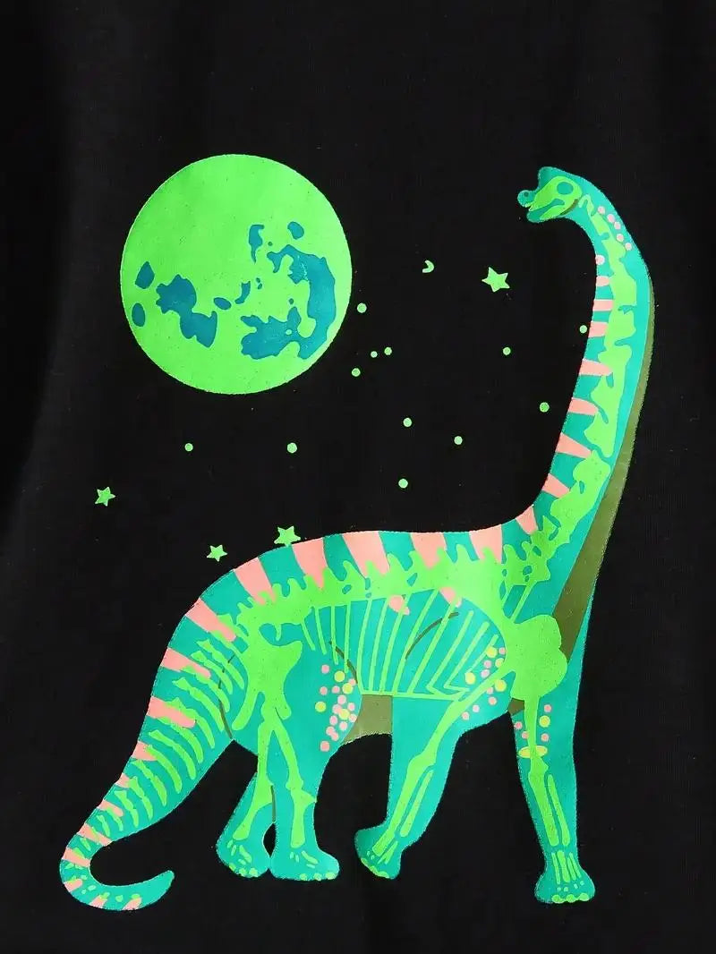 Cartoon Dinosaur And Planet Print, Boy's Round Neck Casual Short Sleeve T-shirt Comfortable Soft Versatile Top Leedoar