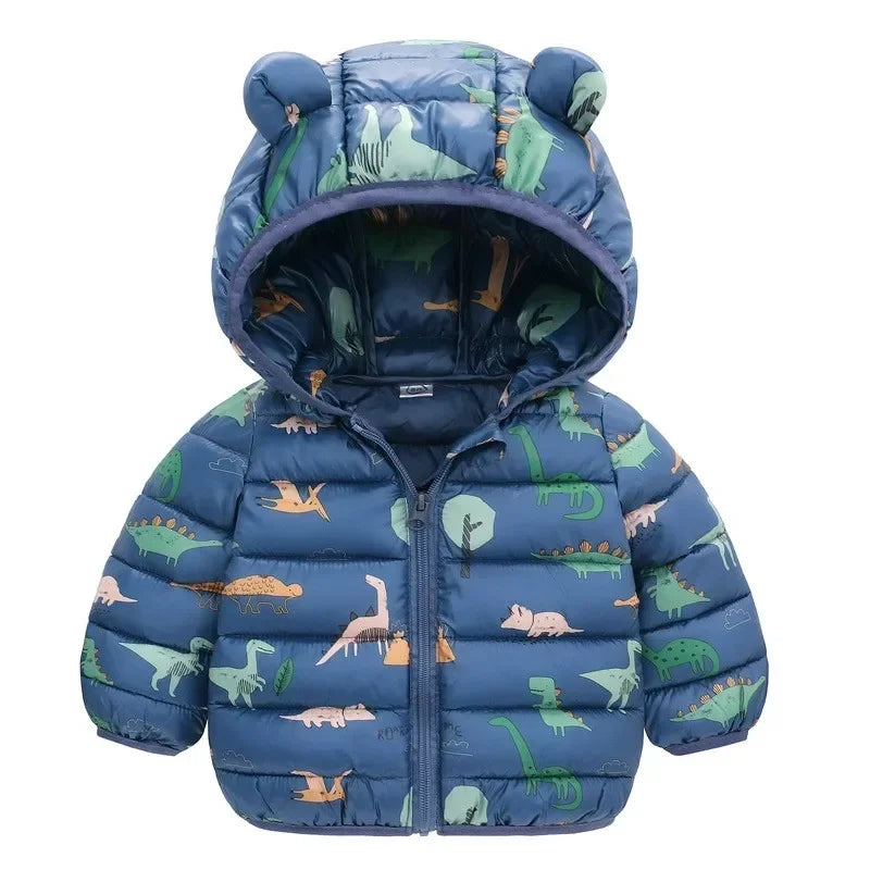 Cartoon Dinosaur Print Boys Baby Lightweight Down Jackets Warm Hooded Outerwear Winter Autumn Kids Girls Coats Casual Clothing Leedoar