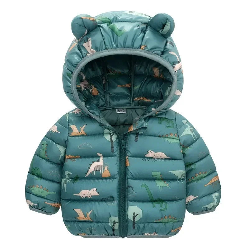 Cartoon Dinosaur Print Boys Baby Lightweight Down Jackets Warm Hooded Outerwear Winter Autumn Kids Girls Coats Casual Clothing Leedoar