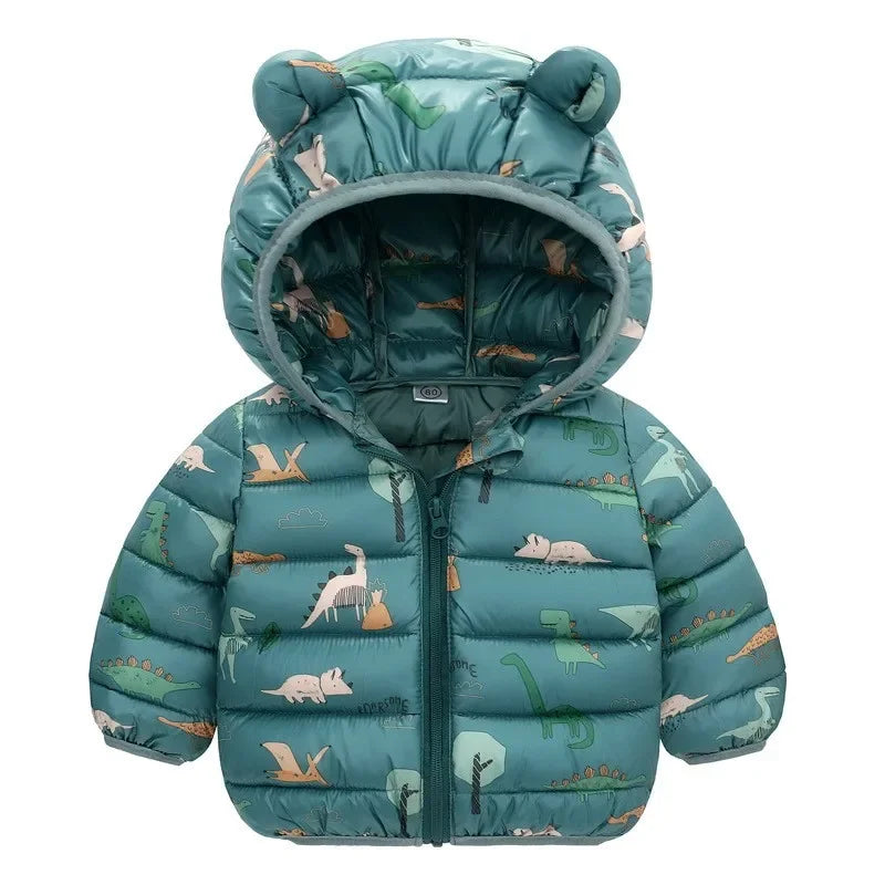 Cartoon Dinosaur Print Boys Baby Lightweight Down Jackets Warm Hooded Outerwear Winter Autumn Kids Girls Coats Casual Clothing Leedoar