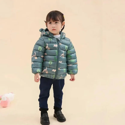 Cartoon Dinosaur Print Boys Baby Lightweight Down Jackets Warm Hooded Outerwear Winter Autumn Kids Girls Coats Casual Clothing Leedoar