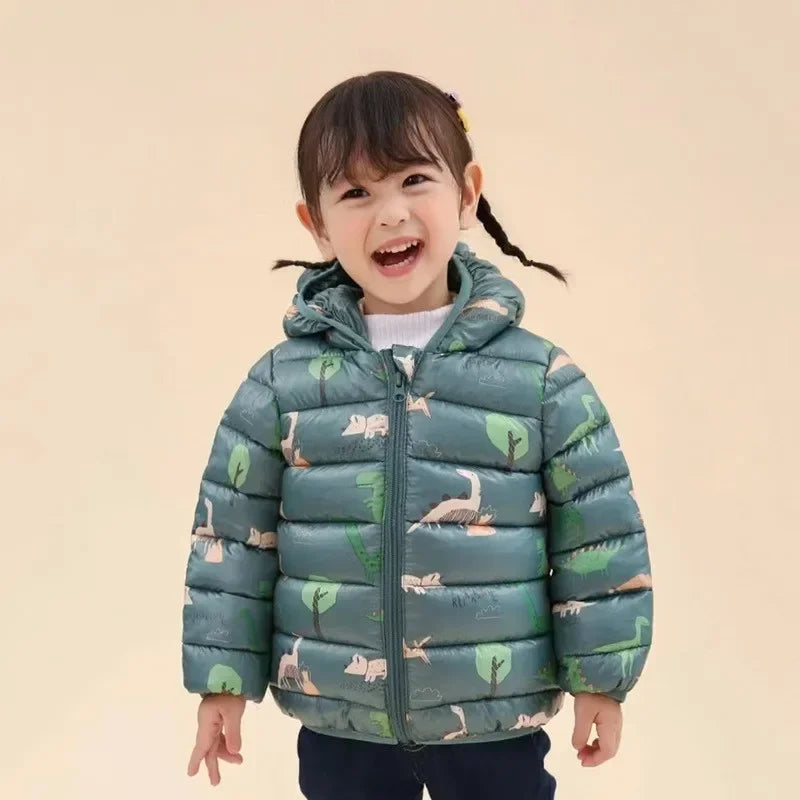 Cartoon Dinosaur Print Boys Baby Lightweight Down Jackets Warm Hooded Outerwear Winter Autumn Kids Girls Coats Casual Clothing Leedoar