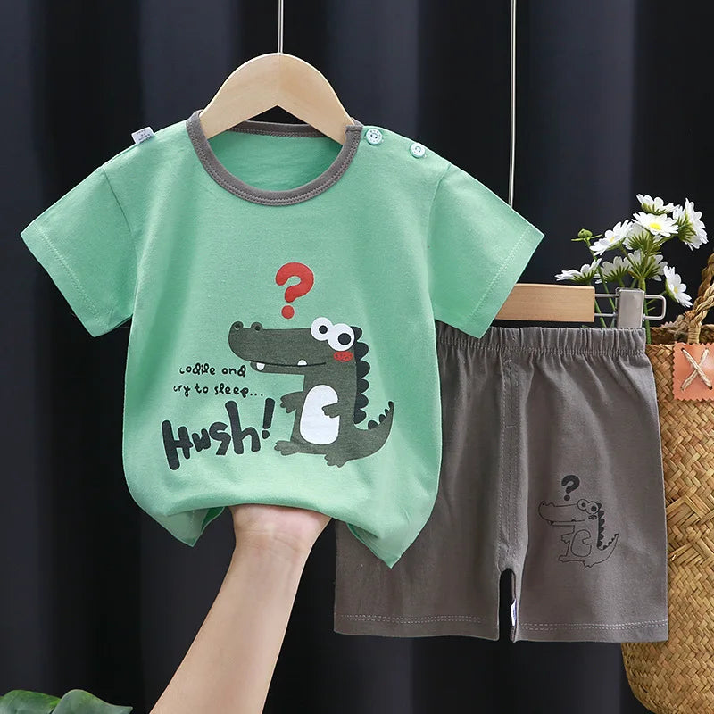 Cartoon Printed Clothing Pure Cotton Home Clothes 2 Piece Suits Toddler Fashion Cute Casual Tracksuits Contrast T-shirt+Shorts Leedoar