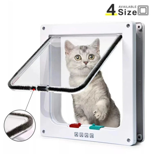 Cat Flap Door with 4 Way Security Lock Controllable Switch Transparent ABS Plastic Gate Puppy Kitten Safety in&out Pet Doors Kit