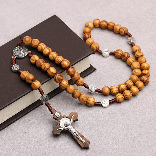 Catholic Wood Beaded Rosary Necklaces For Women Christian INRI Crucifix Cross Pendant Long Chain Men Religion Prayer Jewelry Leedoar